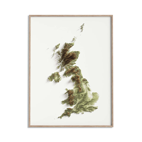 United Kingdom, Elevation tint - Geo, 2D printed shaded relief map with 3D effect of United Kingdom with geo hypsometric tint. Shop our beautiful fine art printed maps on supreme Cotton paper. Vintage maps digitally restored and enhanced with a 3D effect., VizCart from Vizart