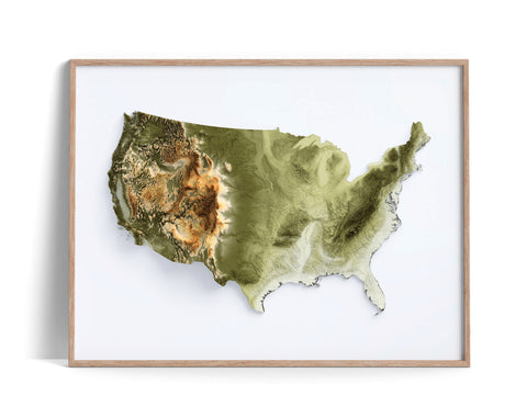 USA, Elevation tint - Geo, 2D printed shaded relief map with 3D effect of USA (Contiguous) with geo hypsometric tint. Shop our beautiful fine art printed maps on supreme Cotton paper. Vintage maps digitally restored and enhanced with a 3D effect., VizCart from Vizart