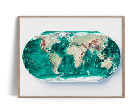 World Bathymetric, Elevation tint - Geo, 2D printed shaded relief map with 3D effect of World with geo hypsometric tint. Shop our beautiful fine art printed maps on supreme Cotton paper. Vintage maps digitally restored and enhanced with a 3D effect., VizCart from Vizart