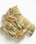 Abruzzo (Italy), Elevation tint - Geo, 2D printed shaded relief map with 3D effect of Abruzzo (Italy) with geo hypsometric tint. Shop our beautiful fine art printed maps on supreme Cotton paper. Vintage maps digitally restored and enhanced with a 3D effect. VizCart from Vizart
