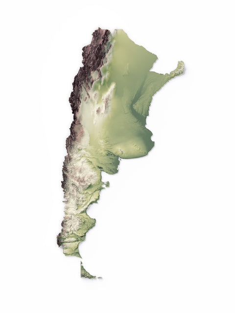 Argentina, Elevation tint - Geo, 2D printed shaded relief map with 3D effect of Argentina with geo tint. Shop our beautiful fine art printed maps on supreme Cotton paper. Vintage maps digitally restored and enhanced with a 3D effect., VizCart from Vizart