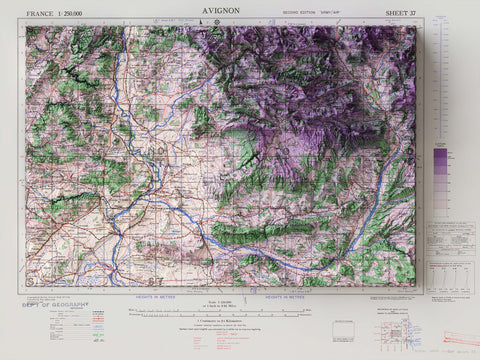 Avignon (France), Topographic map - 1943, 2D printed shaded relief map with 3D effect of a 1943 topographic map of Avignon (France). Shop our beautiful fine art printed maps on supreme Cotton paper. Vintage maps digitally restored and enhanced with a 3D effect., VizCart from Vizart