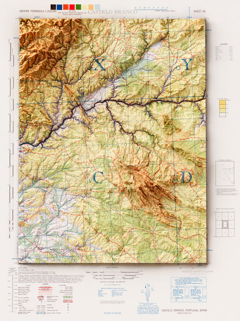 Castelo Branco (Portugal), Topographic map - 1944, 2D printed shaded relief map with 3D effect of a 1944 topographic map of Castelo Branco (Portugal). Shop our beautiful fine art printed maps on supreme Cotton paper. Vintage maps digitally restored and enhanced with a 3D effect. VizCart from Vizart
