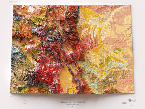 Colorado (USA), Geological map - 1979, 2D printed shaded relief map with 3D effect of a 1979 geological map of Colorado (USA). Shop our beautiful fine art printed maps on supreme Cotton paper. Vintage maps digitally restored and enhanced with a 3D effect., VizCart from Vizart