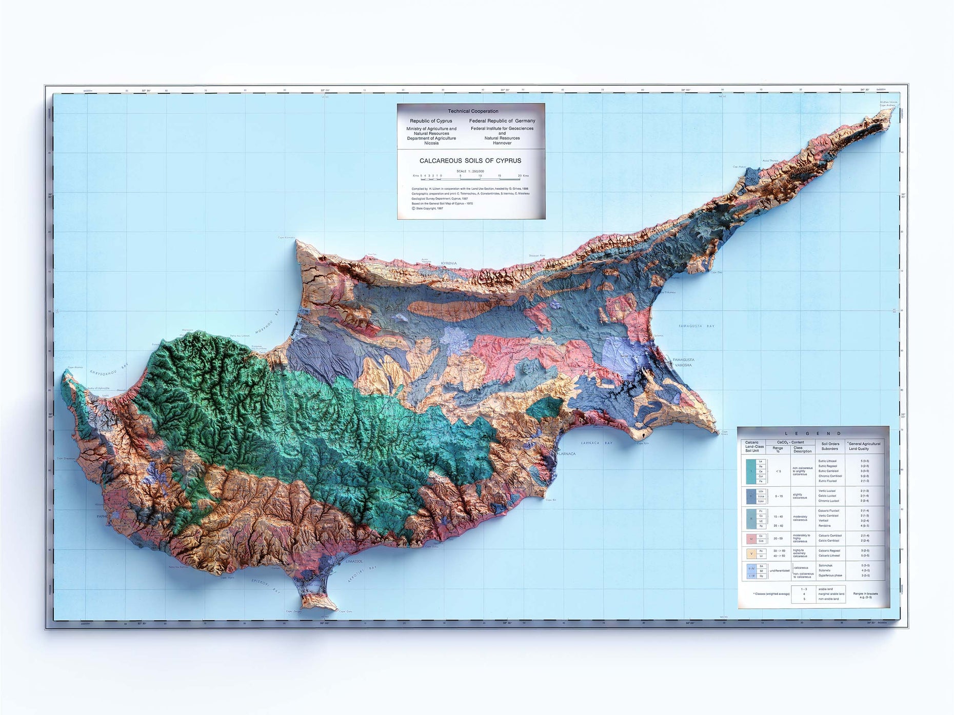 Cyprus, Soil map - 1987, 2D fine art printed shaded relief map – VizCart