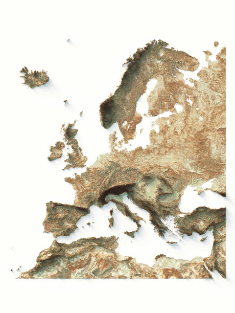 Europe, Elevation tint - Geo, 2D printed shaded relief map with 3D effect of Europe with geo hypsometric tint. Shop our beautiful fine art printed maps on supreme Cotton paper. Vintage maps digitally restored and enhanced with a 3D effect., VizCart from Vizart