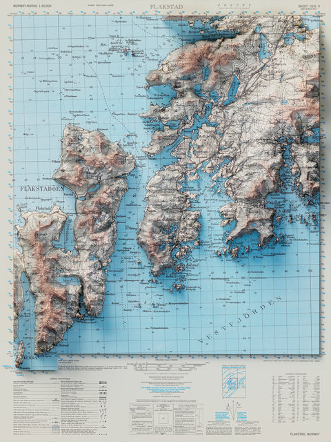 Flakstad (Lofoten Islands, Norway), Topographic map - 1952, 2D printed shaded relief map with 3D effect of a 1952 topographic map of Flakstad (Lofoten Islands, Norway). Shop our beautiful fine art printed maps on supreme Cotton paper. Vintage maps digitally restored and enhanced with a 3D effect., VizCart from Vizart