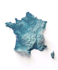 France, Elevation tint - Deep Blue, 2D printed shaded relief map with 3D effect of France with deep blue elevation tint. Shop our beautiful fine art printed maps on supreme Cotton paper. Vintage maps digitally restored and enhanced with a 3D effect. VizCart from Vizart