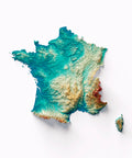 France, Elevation tint - Spectral, 2D printed shaded relief map with 3D effect of France with spectral elevation tint. Shop our beautiful fine art printed maps on supreme Cotton paper. Vintage maps digitally restored and enhanced with a 3D effect., VizCart from Vizart