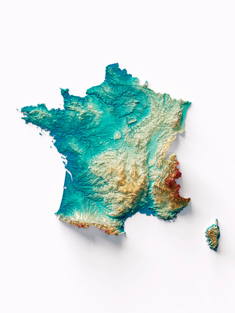 France, Elevation tint - Spectral, 2D printed shaded relief map with 3D effect of France with spectral elevation tint. Shop our beautiful fine art printed maps on supreme Cotton paper. Vintage maps digitally restored and enhanced with a 3D effect., VizCart from Vizart