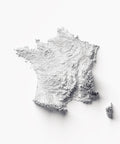 France, Elevation tint - White, 2D printed shaded relief map with 3D effect of France with monochrome white tint. Shop our beautiful fine art printed maps on supreme Cotton paper. Vintage maps digitally restored and enhanced with a 3D effect. VizCart from Vizart