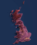 Great Britain (UK), Elevation tint - Magma, 2D printed shaded relief map with 3D effect of Great Britain with magma hypsometric tint. Shop our beautiful fine art printed maps on supreme Cotton paper. Vintage maps digitally restored and enhanced with a 3D effect. VizCart from Vizart