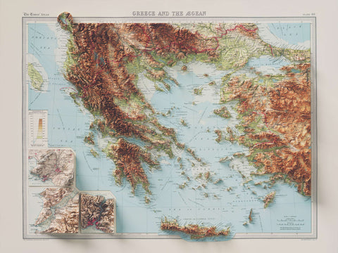 Greece, Topographic map - 1922, 2D printed shaded relief map with 3D effect of a 1922 topographic map of Greece. Shop our beautiful fine art printed maps on supreme Cotton paper. Vintage maps digitally restored and enhanced with a 3D effect. VizCart from Vizart