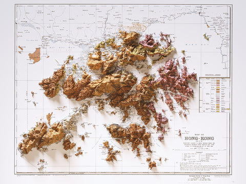 Hong Kong, Geological map - 1936, 2D printed shaded relief map with 3D effect of a 1936 geological map of Hong Kong. Shop our beautiful fine art printed maps on supreme Cotton paper. Vintage maps digitally restored and enhanced with a 3D effect. VizCart from Vizart