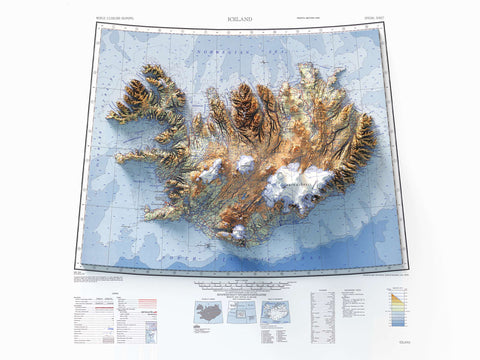 Iceland, Topographic map - 1952, 2D printed shaded relief map with 3D effect of a 1952 topographic map of Iceland. Shop our beautiful fine art printed maps on supreme Cotton paper. Vintage maps digitally restored and enhanced with a 3D effect. VizCart from Vizart