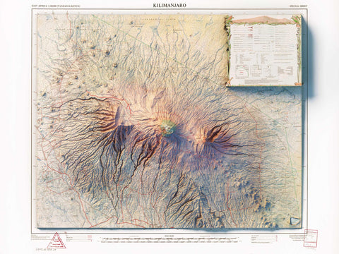 Kilimanjaro (Tanzania), Topographic map - 1978, 2D printed shaded relief map with 3D effect of a 1978 topographic map of Kilimanjaro (Tanzania). Shop our beautiful fine art printed maps on supreme Cotton paper. Vintage maps digitally restored and enhanced with a 3D effect. VizCart from Vizart