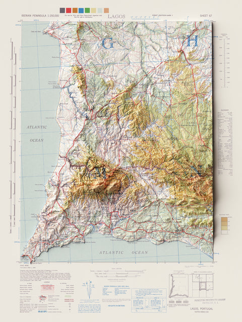 Lagos (Portugal), Topographic map - 1944, 2D printed shaded relief map with 3D effect of a 1944 topographic map of Lagos (Portugal). Shop our beautiful fine art printed maps on supreme Cotton paper. Vintage maps digitally restored and enhanced with a 3D effect. VizCart from Vizart