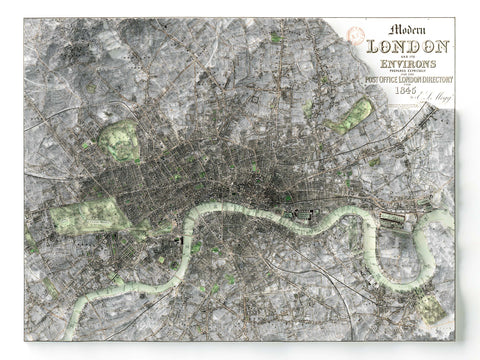London (England, UK), City map - 1845, 2D printed shaded relief map with 3D effect of a 1845 city map of London (United Kingdom). Shop our beautiful fine art printed maps on supreme Cotton paper. Vintage maps digitally restored and enhanced with a 3D effect. VizCart from Vizart