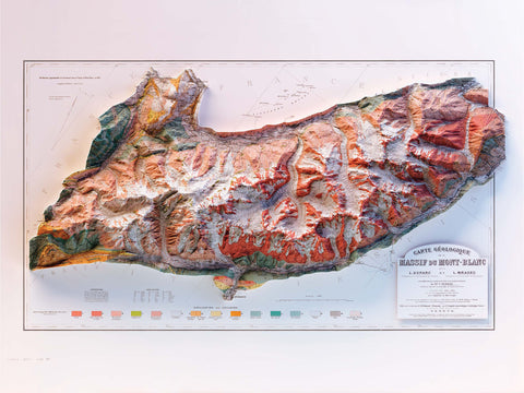 Mt Blanc, Geological map - 1898, 2D printed shaded relief map with 3D effect of a 1898 geological map of Mt Blanc. Shop our beautiful fine art printed maps on supreme Cotton paper. Vintage maps digitally restored and enhanced with a 3D effect. VizCart from Vizart