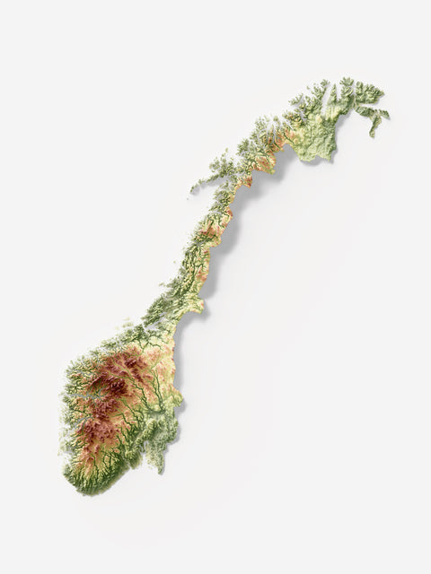 Norway, Elevation tint - Geo, 2D printed shaded relief map with 3D effect of Europe with geo hypsometric tint. Shop our beautiful fine art printed maps on supreme Cotton paper. Vintage maps digitally restored and enhanced with a 3D effect., VizCart from Vizart