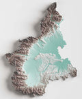 Piedmont (Italy), Elevation tint - Petrol, 2D printed shaded relief map with 3D effect of Piedmont (Italy) with petrol hypsometric tint. Shop our beautiful fine art printed maps on supreme Cotton paper. Vintage maps digitally restored and enhanced with a 3D effect. VizCart from Vizart