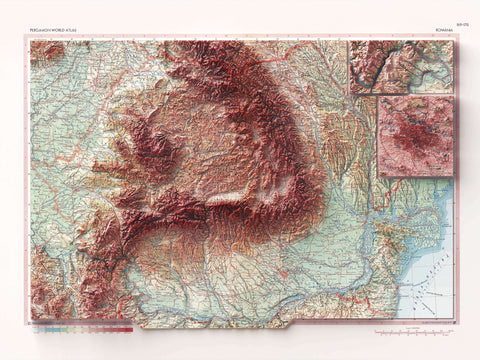 Romania, Topographic map - 1963, 2D printed shaded relief map with 3D effect of a 1963 topographic map of Romania. Shop our beautiful fine art printed maps on supreme Cotton paper. Vintage maps digitally restored and enhanced with a 3D effect. VizCart from Vizart