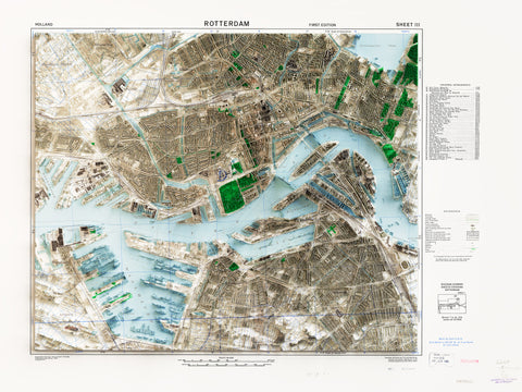 Rotterdam (The Netherlands), City map - 1944, 2D printed shaded relief map with 3D effect of a 1944 city map of Rotterdam (Netherlands). Shop our beautiful fine art printed maps on supreme Cotton paper. Vintage maps digitally restored and enhanced with a 3D effect., VizCart from Vizart