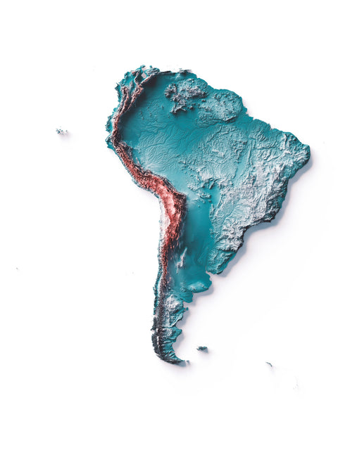 South America, Elevation tint - Irid, 2D printed shaded relief map with 3D effect of South America with irid tint. Shop our beautiful fine art printed maps on supreme Cotton paper. Vintage maps digitally restored and enhanced with a 3D effect., VizCart from Vizart