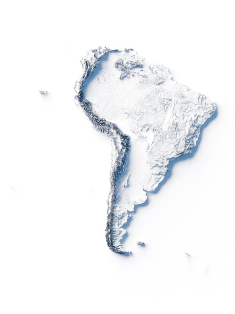 South America, Elevation tint - White, 2D printed shaded relief map with 3D effect of South America with monochrome white tint. Shop our beautiful fine art printed maps on supreme Cotton paper. Vintage maps digitally restored and enhanced with a 3D effect., VizCart from Vizart