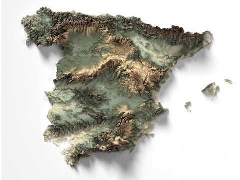 Spain, Elevation tint - Geo, 2D printed shaded relief map with 3D effect of Spain with geo hypsometric tint. Shop our beautiful fine art printed maps on supreme Cotton paper. Vintage maps digitally restored and enhanced with a 3D effect., VizCart from Vizart