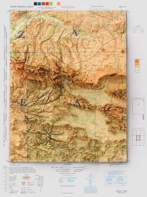 Toledo (Spain), Topographic map - 1944, 2D printed shaded relief map with 3D effect of a 1944 topographic map of Toledo (Spain). Shop our beautiful fine art printed maps on supreme Cotton paper. Vintage maps digitally restored and enhanced with a 3D effect., VizCart from Vizart
