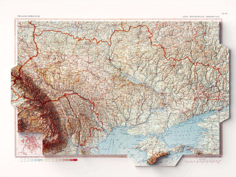 Ukraine, Topographic map - 1967, 2D printed shaded relief map with 3D effect of a 1967 topographic map of Ukraine. Shop our beautiful fine art printed maps on supreme Cotton paper. Vintage maps digitally restored and enhanced with a 3D effect., VizCart from Vizart