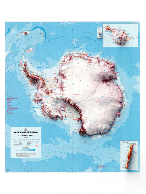 Antarctica, Topographic map - 1986, 2D printed shaded relief map with 3D effect of a 1986 topographic map of Antarctica, with McDonald Islands and Heard Island and Macquarie Island inset. Shop our beautiful fine art printed maps on supreme Cotton paper. Vintage maps digitally restored and enhanced with a 3D effect., VizCart from Vizart