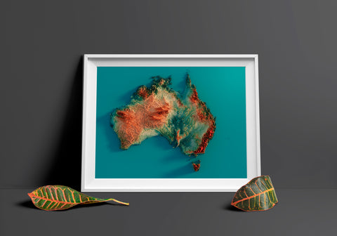 Australia, Elevation tint - Spectral, 2D printed shaded relief map with 3D effect of Australia with spectral hypsometric tint. Shop our beautiful fine art printed maps on supreme Cotton paper. Vintage maps digitally restored and enhanced with a 3D effect., VizCart from Vizart