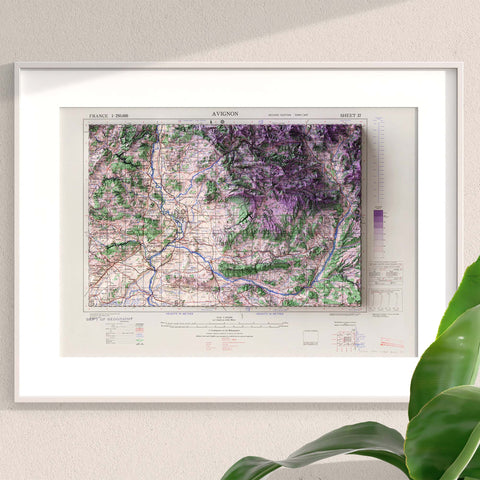 Avignon (France), Topographic map - 1943, 2D printed shaded relief map with 3D effect of a 1943 topographic map of Avignon (France). Shop our beautiful fine art printed maps on supreme Cotton paper. Vintage maps digitally restored and enhanced with a 3D effect. VizCart from Vizart