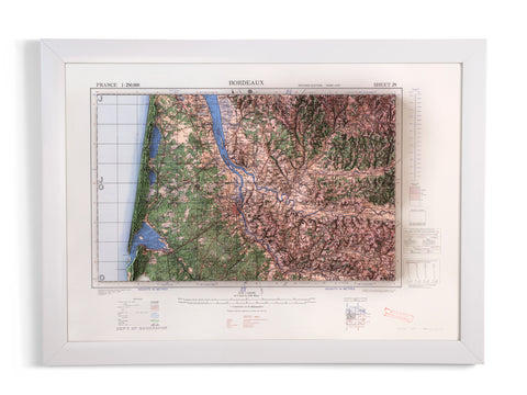 Bordeaux (France), Topographic map - 1943, 2D printed shaded relief map with 3D effect of a 1943 topographic map of Bordeaux (France). Shop our beautiful fine art printed maps on supreme Cotton paper. Vintage maps digitally restored and enhanced with a 3D effect., VizCart from Vizart