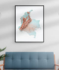 Colombia, Elevation tint - Candy, 2D printed shaded relief map with 3D effect of Colombia with candy tint. Shop our beautiful fine art printed maps on supreme Cotton paper. Vintage maps digitally restored and enhanced with a 3D effect., VizCart from Vizart