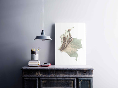 Colombia, Elevation tint - Geo, 2D printed shaded relief map with 3D effect of Colombia with geo tint. Shop our beautiful fine art printed maps on supreme Cotton paper. Vintage maps digitally restored and enhanced with a 3D effect., VizCart from Vizart
