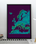 Europe, Elevation tint - Viridis, 2D printed shaded relief map with 3D effect of Europe with viridis hypsometric tint. Shop our beautiful fine art printed maps on supreme Cotton paper. Vintage maps digitally restored and enhanced with a 3D effect. VizCart from Vizart
