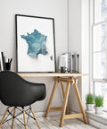 France, Elevation tint - Deep Blue, 2D printed shaded relief map with 3D effect of France with deep blue elevation tint. Shop our beautiful fine art printed maps on supreme Cotton paper. Vintage maps digitally restored and enhanced with a 3D effect. VizCart from Vizart