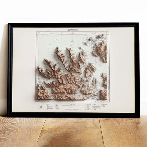 Hekkingen (Norway), Topographic map - 1930, 2D printed shaded relief map with 3D effect of a 1930 topographic map of Hekkingen (Norway). Shop our beautiful fine art printed maps on supreme Cotton paper. Vintage maps digitally restored and enhanced with a 3D effect. VizCart from Vizart