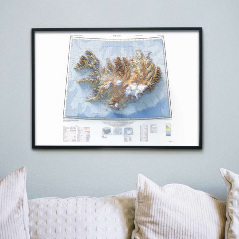 Iceland, Topographic map - 1952, 2D printed shaded relief map with 3D effect of a 1952 topographic map of Iceland. Shop our beautiful fine art printed maps on supreme Cotton paper. Vintage maps digitally restored and enhanced with a 3D effect., VizCart from Vizart