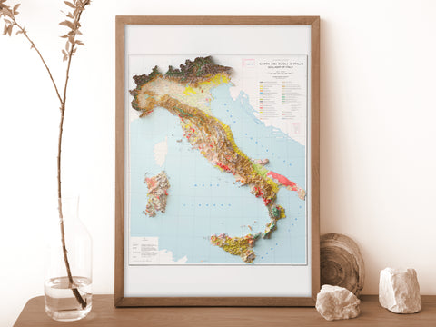 Italy, Soil map - 1966, 2D printed shaded relief map with 3D effect of a 1966 soil map of Italy. Shop our beautiful fine art printed maps on supreme Cotton paper. Vintage maps digitally restored and enhanced with a 3D effect., VizCart from Vizart