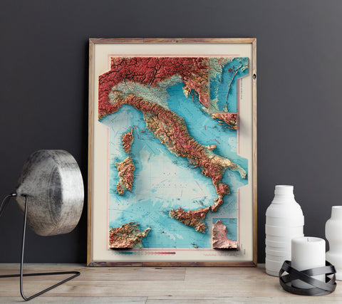 Italy, Topographic map - 1967, 2D printed shaded relief map with 3D effect of a 1967 topographic map of Italy. Shop our beautiful fine art printed maps on supreme Cotton paper. Vintage maps digitally restored and enhanced with a 3D effect., VizCart from Vizart