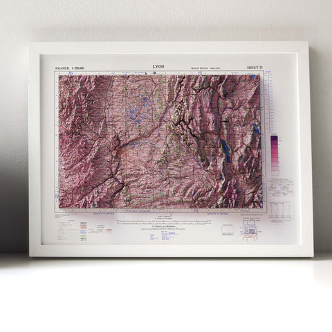 Lyon (France), Topographic map - 1943, 2D printed shaded relief map with 3D effect of a 1943 topographic map of Lyon (France). Shop our beautiful fine art printed maps on supreme Cotton paper. Vintage maps digitally restored and enhanced with a 3D effect., VizCart from Vizart