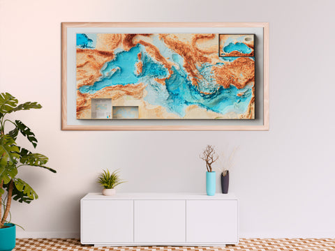 Mediterranean Sea Bathymetric, Topographic map - 1981, 2D printed shaded relief map with 3D effect of a 1981 topographic map of Mediterranean Sea with bathyimetric. Shop our beautiful fine art printed maps on supreme Cotton paper. Vintage maps digitally restored and enhanced with a 3D effect., VizCart from Vizart