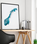 Norway, Elevation tint - Deep Blue, 2D printed shaded relief map with 3D effect of Europe with deep blue hypsometric tint. Shop our beautiful fine art printed maps on supreme Cotton paper. Vintage maps digitally restored and enhanced with a 3D effect., VizCart from Vizart