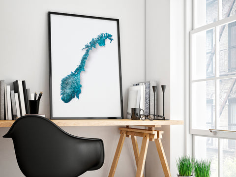 Norway, Elevation tint - Deep Blue, 2D printed shaded relief map with 3D effect of Europe with deep blue hypsometric tint. Shop our beautiful fine art printed maps on supreme Cotton paper. Vintage maps digitally restored and enhanced with a 3D effect., VizCart from Vizart