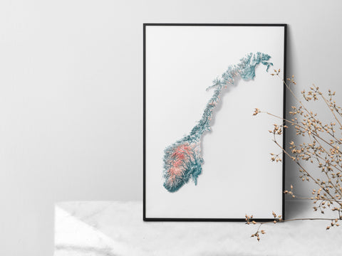 Norway, Elevation tint - Irid, 2D printed shaded relief map with 3D effect of Europe with irid hypsometric tint. Shop our beautiful fine art printed maps on supreme Cotton paper. Vintage maps digitally restored and enhanced with a 3D effect., VizCart from Vizart