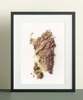 Sardinia (Italy), Elevation tint - Geo, 2D printed shaded relief map with 3D effect of Sardinia (Italy) with geo hypsometric tint. Shop our beautiful fine art printed maps on supreme Cotton paper. Vintage maps digitally restored and enhanced with a 3D effect. VizCart from Vizart
